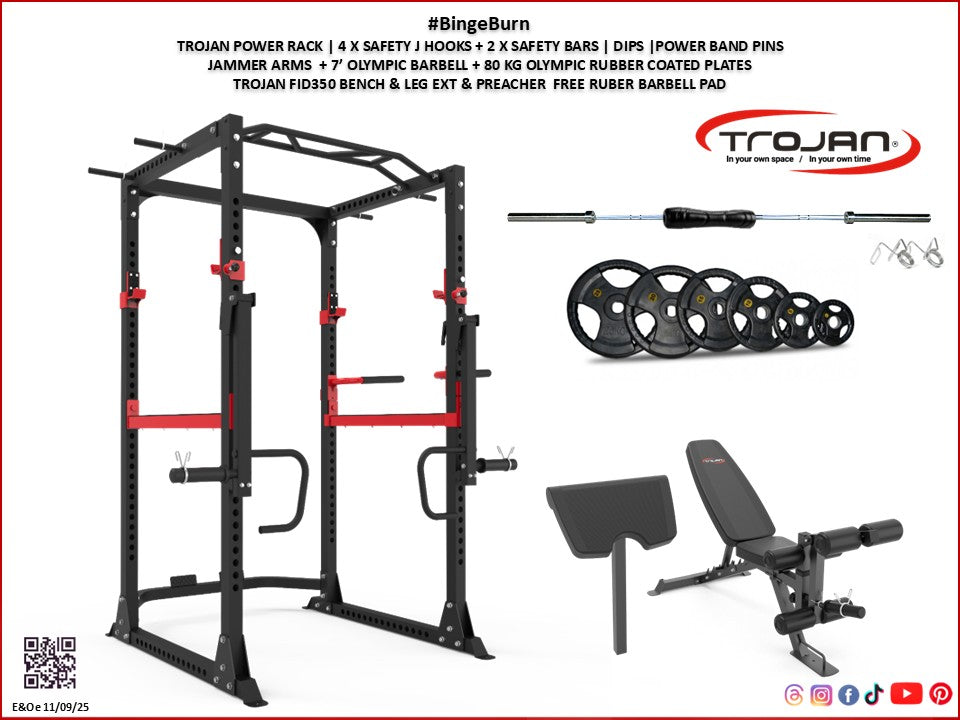 Power Rack & Jammer Arms + FID Bench 80 Kg Plates 7' Olympic Barbell